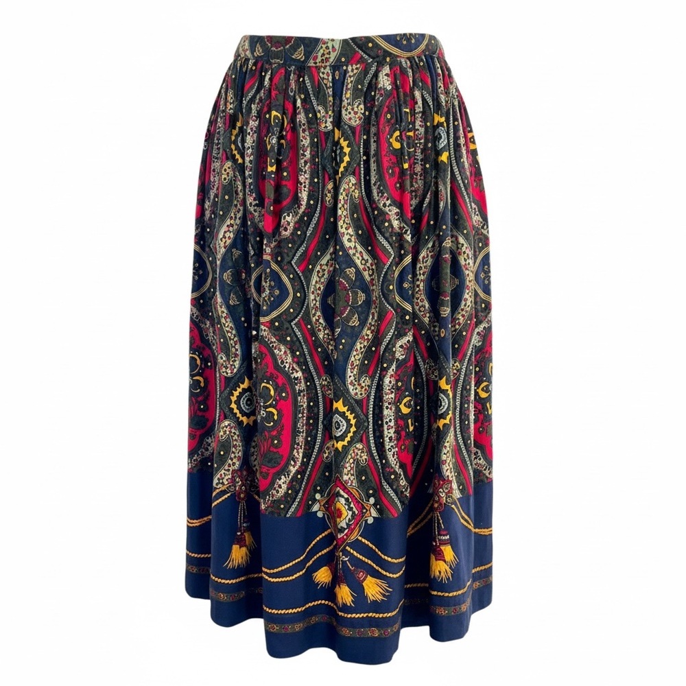 VTG 80’s Russ Flowy Midi Skirt Sz 14 Navy Baroque Paisley Pleats Artsy Boho Poet